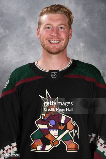 Travis Boyd of the Arizona Coyotes poses for his official headshot for the 2021-2022 season on September 22, 2021 at the Gila River Arena in...