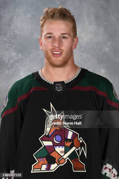 Hudson Fasching of the Arizona Coyotes poses for his official headshot for the 2021-2022 season on September 22, 2021 at the Gila River Arena in...