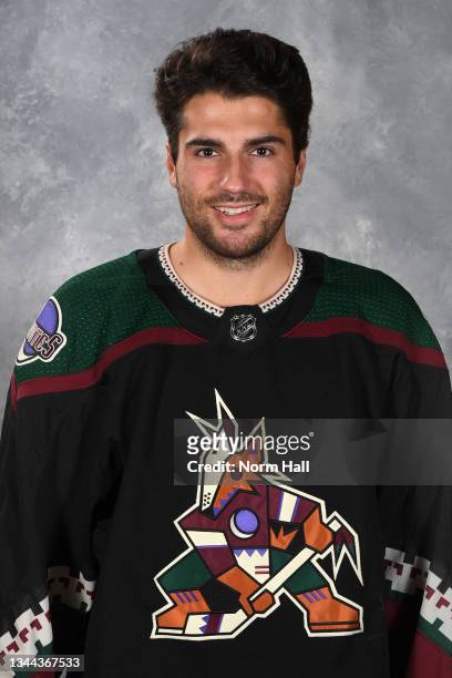 Nick Schmaltz of the Arizona Coyotes poses for his official headshot for the 2021-2022 season on September 22, 2021 at the Gila River Arena in...