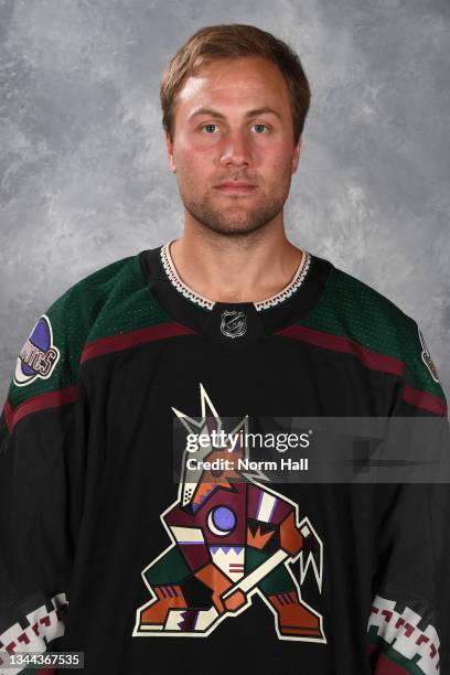 Johan Larsson of the Arizona Coyotes poses for his official headshot for the 2021-2022 season on September 22, 2021 at the Gila River Arena in...