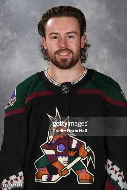 Michael Carcone of the Arizona Coyotes poses for his official headshot for the 2021-2022 season on September 22, 2021 at the Gila River Arena in...