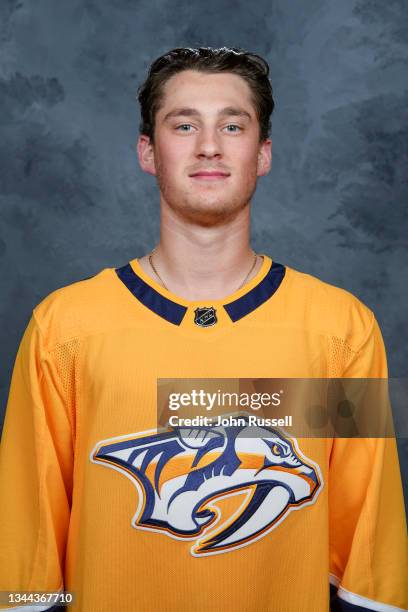 Philip Tomasino of the Nashville Predators poses for his official headshot for the 2021-2022 season on September 22, 2021 at Bridgestone Arena in...