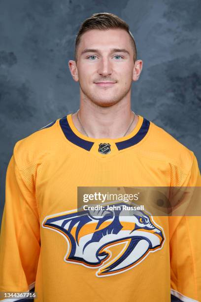 Tanner Jeannot of the Nashville Predators poses for his official headshot for the 2021-2022 season on September 22, 2021 at Bridgestone Arena in...