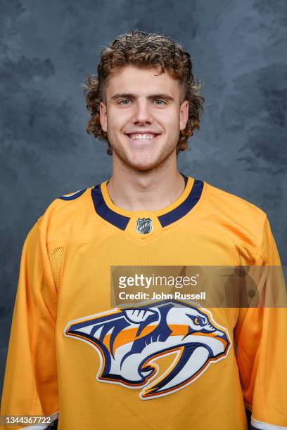 Zachary L'Heureux of the Nashville Predators poses for his official headshot for the 2021-2022 season on September 22, 2021 at Bridgestone Arena in...