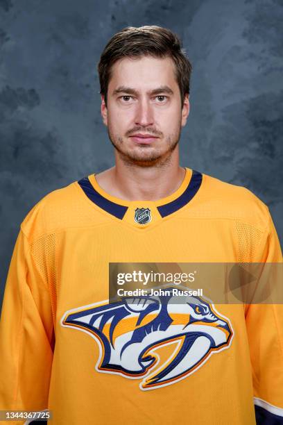 David Rittich of the Nashville Predators poses for his official headshot for the 2021-2022 season on September 22, 2021 at Bridgestone Arena in...