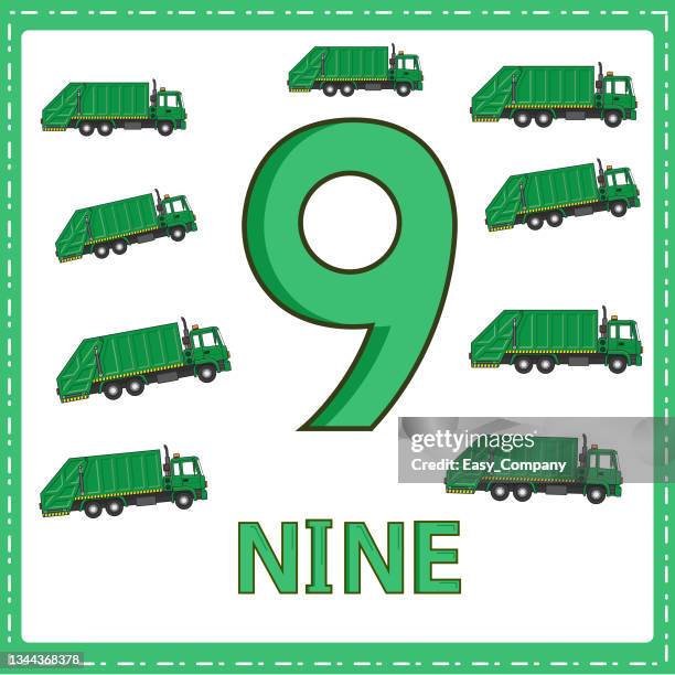 ilustraciones, imágenes clip art, dibujos animados e iconos de stock de ilustraciones para la educación numérica de niños pequeños. para los niños aprendió a contar los números 9 con 9 camión de basura como se muestra en la imagen en la categoría de vehículo - dump truck cartoon