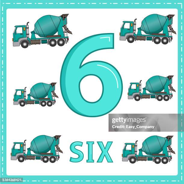 stockillustraties, clipart, cartoons en iconen met illustrations for numerical education for young children. for the children learned to count the numbers 6 with 6  concrete mixer as shown in the picture in the vehicles category. - concrete mixer
