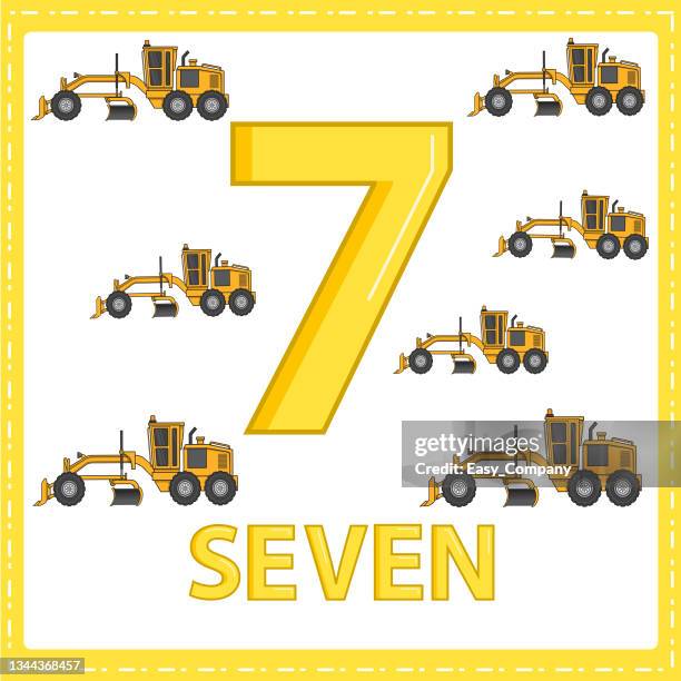illustrations for numerical education for young children. for the children learned to count the numbers 7 with 7 road grader as shown in the picture in the vehicles category. - road surfacing machine stock illustrations