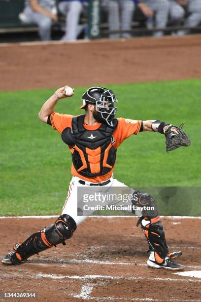 Nick Ciuffo throws to second base during a baseball game against the Texas Rangers at Oriole Park at Camden Yards on September 25, 2021 in Baltimore,...