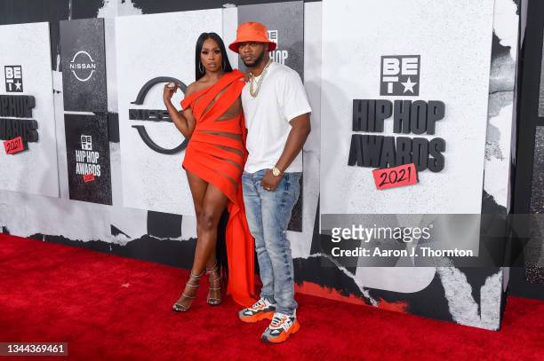 Recording Artist Remy Ma and her Husband Papoose arrives to the 2021 BET Hip Hop Awards at Cobb Energy Performing Arts Centre on October 01, 2021 in...