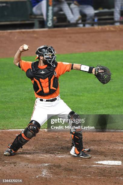 Nick Ciuffo throws to second base during a baseball game against the Texas Rangers at Oriole Park at Camden Yards on September 25, 2021 in Baltimore,...