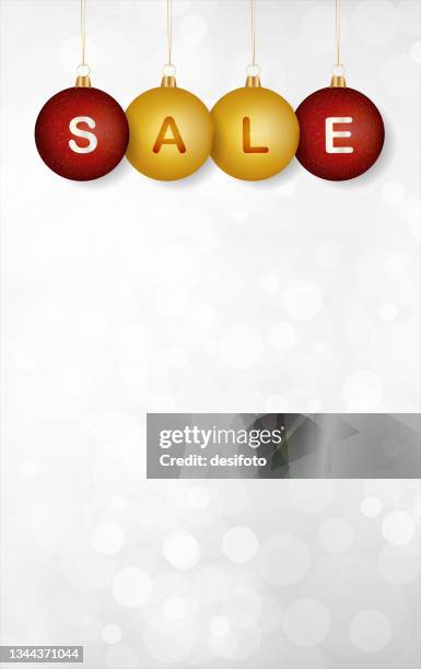 a creative glittery silver grey coloured plain vertical vector backgrounds with four baubles in shining golden brown and red with text s a l e for sale related banners posters leaving copy space - hanging string lights stock illustrations