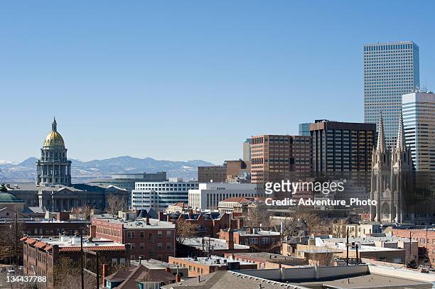denver state capitol building and skyline with mountain view - denver stock pictures, royalty-free photos & images