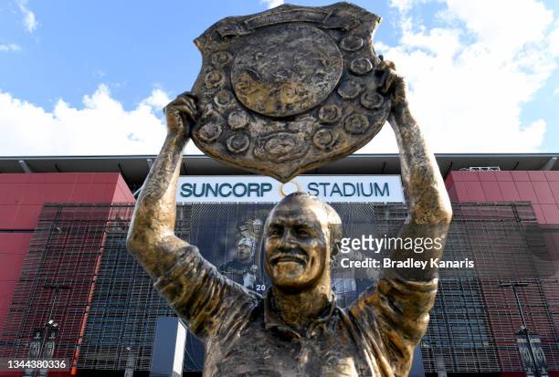 View of the stadium through the Wally Lewis statue is seen ahead of the 2021 NRL Grand Final at Suncorp Stadium on October 02, 2021 in Brisbane,...