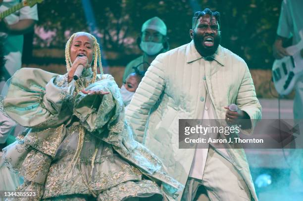 Tobe Nwigwe and Fat perform onstage during the 2021 BET Hip Hop Awards at Cobb Energy Performing Arts Centre on October 01, 2021 in Atlanta, Georgia.
