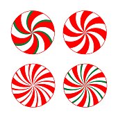 Vector set with red, green, white peppermint Christmas candies isolated on white background. Xmas traditional round sweets collection, graphic elements for Christmas greetings cards, home decoration.