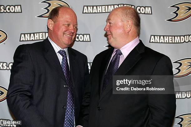 General Manager Bob Murray of the Anaheim Ducks introduces Bruce Boudreau as the new head coach at Anaheim Ice on December 1, 2011 in Anaheim,...