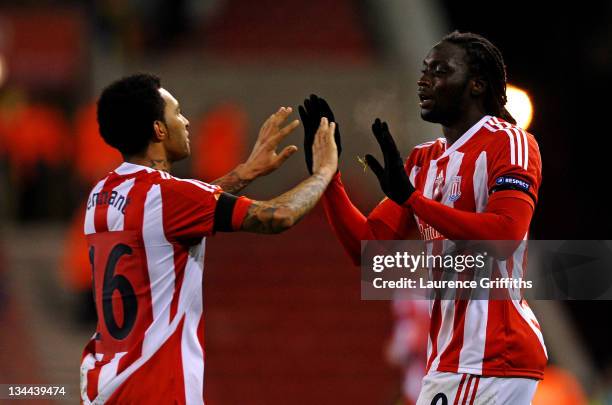 Kenwyne Jones of Stoke City celebrates scoring his team's first goal with team mate Jermaine Pennant during the UEFA Europa League Group E match...