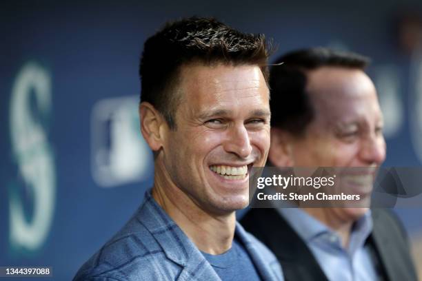 Seattle Mariners general manager Jerry Dipoto looks on before the game against the Los Angeles Angels at T-Mobile Park on October 01, 2021 in...