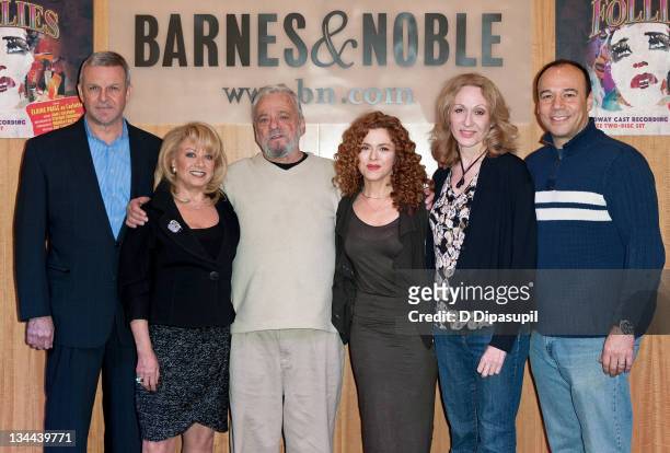 Ron Raines, Elaine Paige, Stephen Sondheim, Bernadette Peters, Jan Maxwell, and Danny Burstein attend an event to promote the new "FOLLIES" album at...