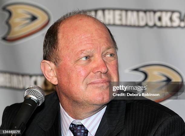 General Manager Bob Murray of the Anaheim Ducks looks on during a press conference announcing new head coach Bruce Boudreau after morning practice at...