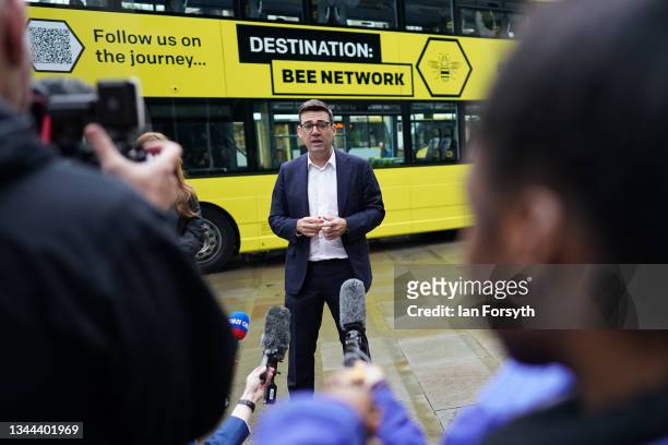 Andy Burnham, Mayor of Greater Manchester speaks to the media as final preparations take place ahead of the Conservative Party Conference at the...