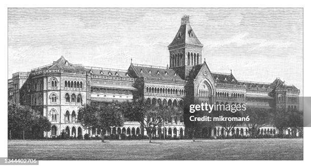 old illustration of government building mumbai (bombay) - india - colonialism stock pictures, royalty-free photos & images