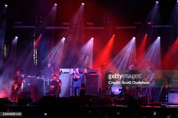 Musicians Mike McCready, Josh Klinghoffer, Jeff Ament, Eddie Vedder, Matt Cameron and Stone Gossard of Pearl Jam performs onstage with Pearl Jam...