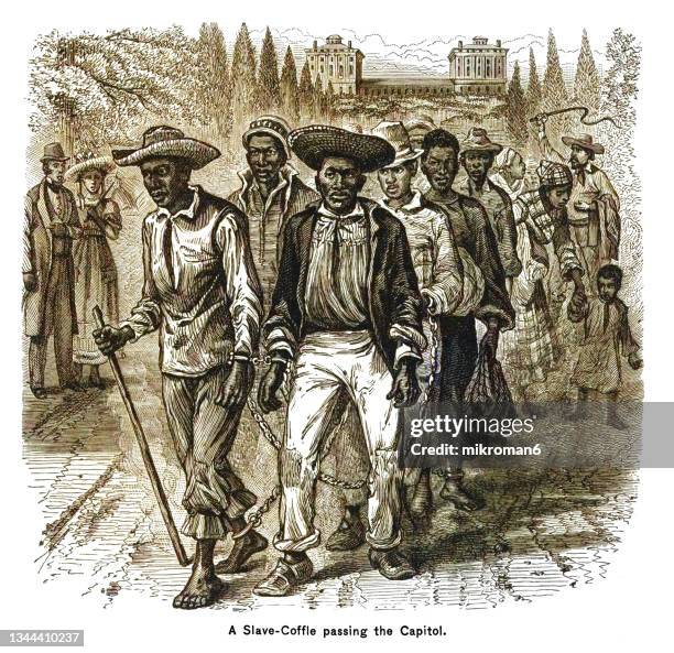 old engraved illustration of enslaved people in chains - a slave-coffle passing by the us capitol in washington - sklaverei stock-fotos und bilder