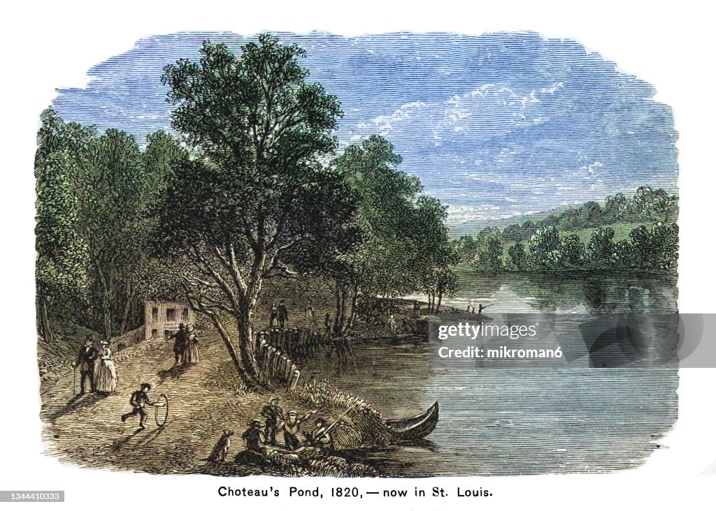 Old engraved illustration of view of Chouteau's Pond, St. Louis 1820