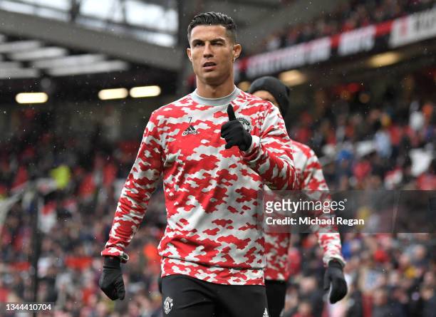 Cristiano Ronaldo of Manchester United warms up prior to the Premier League match between Manchester United and Everton at Old Trafford on October...