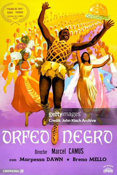 Movie poster advertises the Argentinian release of 'Orfeu Negro,' directed by Marcel Camus and starring Marpessa Dawn and Breno Melo,1959.