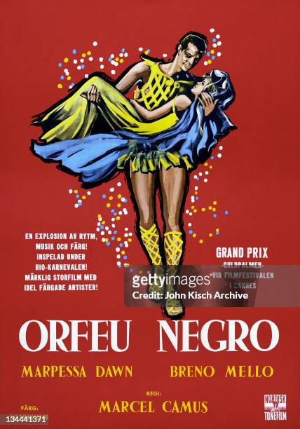 Movie poster advertises the Swedish release of 'Orfeu Negro,' directed by Marcel Camus and starring Marpessa Dawn and Breno Melo,1959.