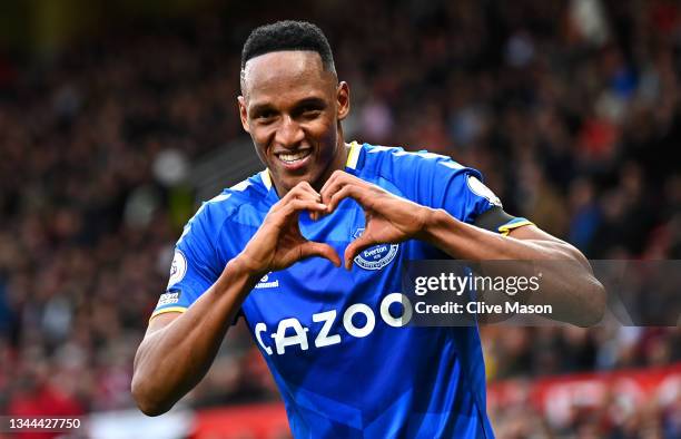 Yerry Mina of Everton celebrates after scoring a goal which was later disallowed because of an offside call during the Premier League match...