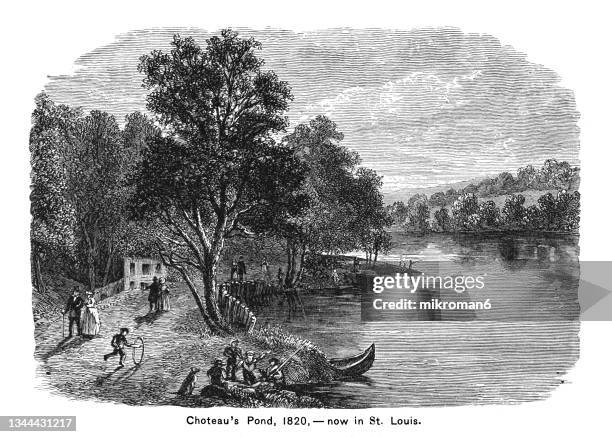 old engraved illustration of view of chouteau's pond, st. louis 1820 - rural missouri stock pictures, royalty-free photos & images