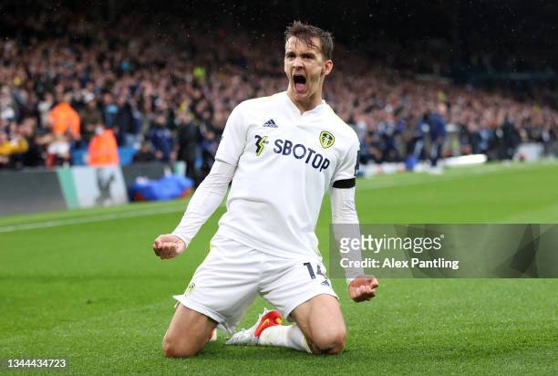 Diego Llorente of Leeds United celebrates after scoring their team's first goal during the Premier League match between Leeds United and Watford at...
