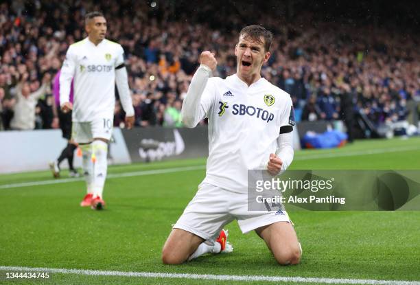 Diego Llorente of Leeds United celebrates after scoring their team's first goal during the Premier League match between Leeds United and Watford at...