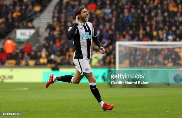 Jeff Hendrick of Newcastle United celebrates after scoring their side's first goal during the Premier League match between Wolverhampton Wanderers...