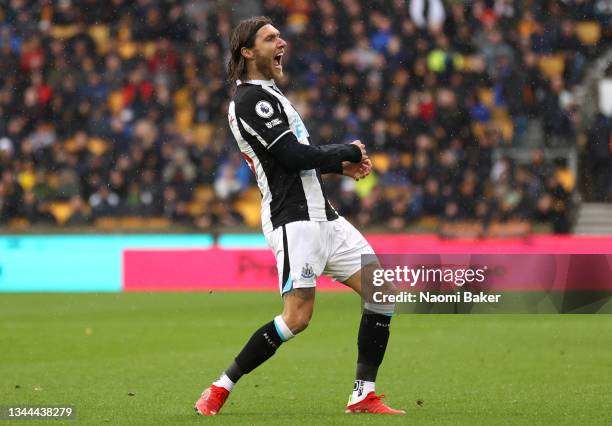 Jeff Hendrick of Newcastle United celebrates after scoring their side's first goal during the Premier League match between Wolverhampton Wanderers...