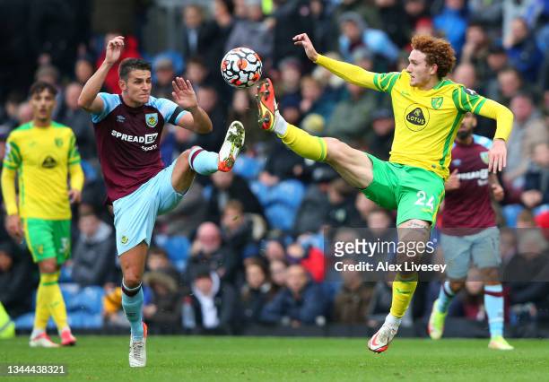 Ashley Westwood of Burnley competes for the ball with Josh Sargent of Norwich City during the Premier League match between Burnley and Norwich City...