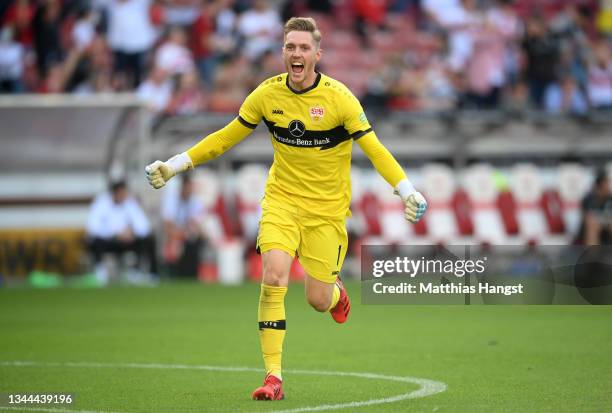 Florian Mueller of VfB Stuttgart celebrates after their side's second goal scored by Konstantinos Mavropanos during the Bundesliga match between VfB...