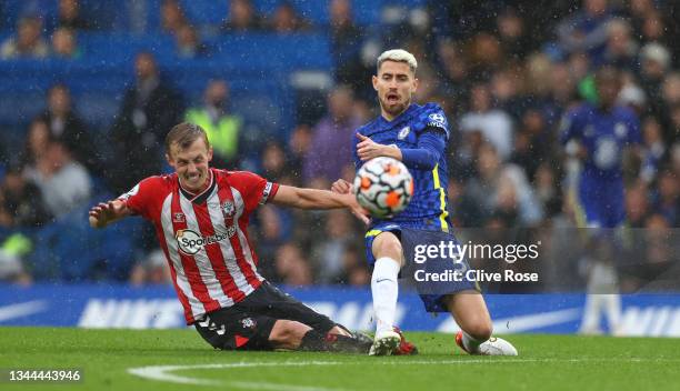 James Ward-Prowse of Southampton fouls Jorginho of Chelsea leading to a red card being awarded during the Premier League match between Chelsea and...