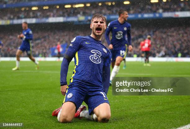Timo Werner of Chelsea celebrates after scoring their team's second goal during the Premier League match between Chelsea and Southampton at Stamford...