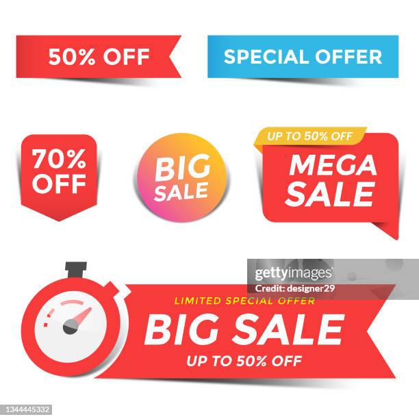 stockillustraties, clipart, cartoons en iconen met sale of special offers and 50% offer discount color sticker template vector design on white background. - prijs