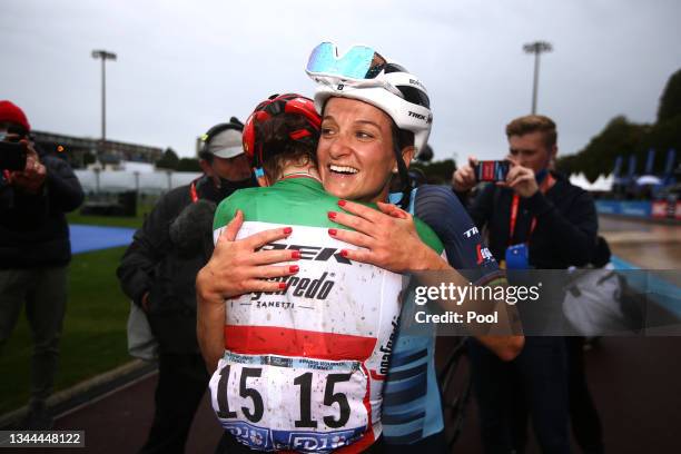 Elisabeth Deignan-Armitstead of United Kingdom celebrates winning with her team-mate Elisa Longo Borghini of Italy and Team Trek - Segafredo during...