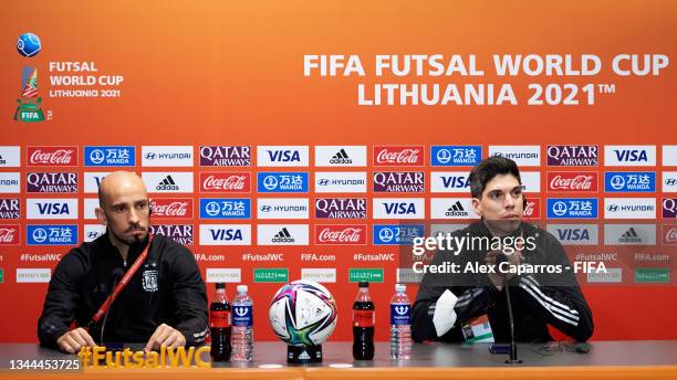 Damian Stazzone and Head Coach Matias Lucuix of Argentina answer to the media during a press conference ahead of the FIFA Futsal World Cup 2021 Final...