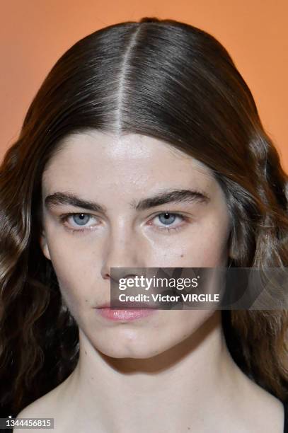 Model walks the runway during the Hermes Ready to Wear Spring/Summer 2022 fashion show as part of the Paris Fashion Week on October 2, 2021 in Paris,...