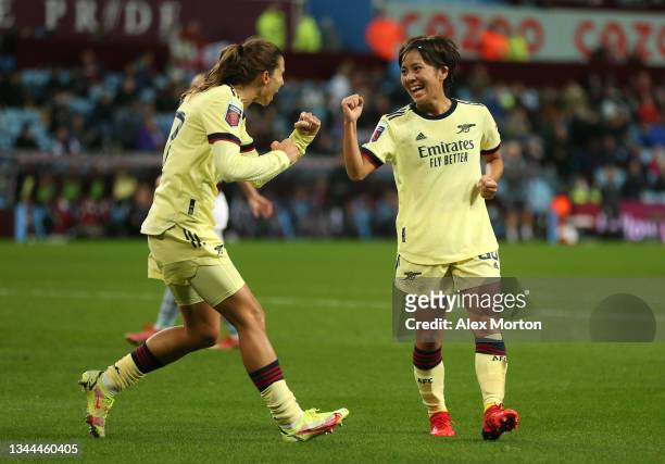 Mana Iwabuchi of Arsenal celebrates after scoring their team's second goal during the Barclays FA Women's Super League match between Aston Villa...