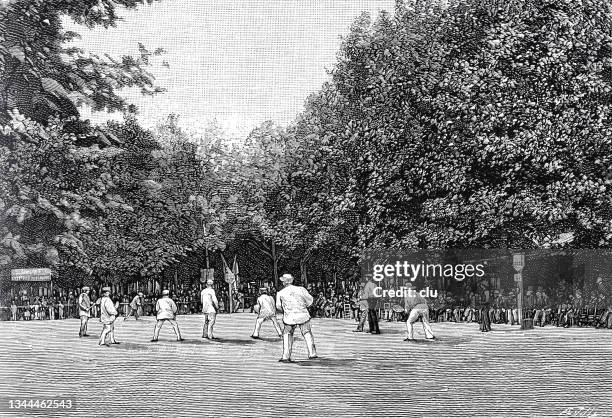 stockillustraties, clipart, cartoons en iconen met tennis match on public court, paris, jardin de luxembourg, 1889 - tennisveld