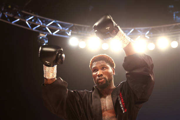 Mikael Lawal reacts during the Cruiserweight fight between Mikael Lawal and Benoit Huber at SSE Arena on October 02, 2021 in London, England.